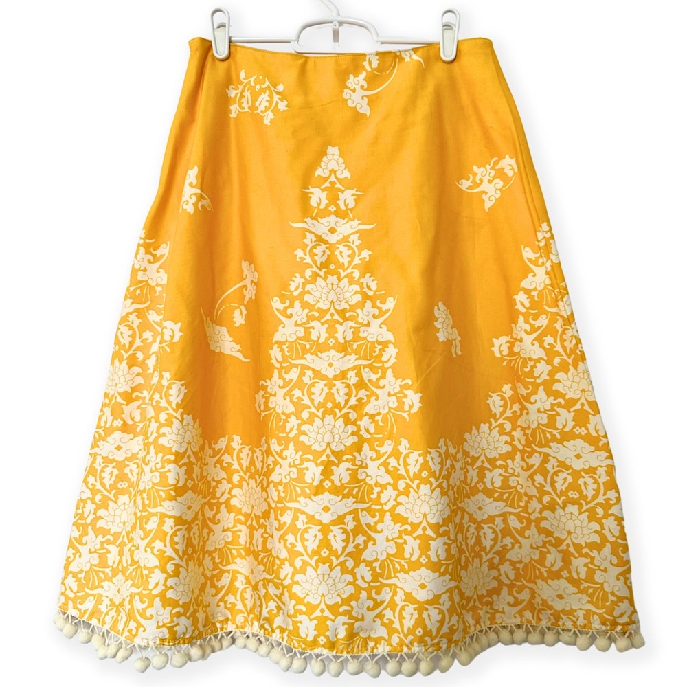 Folk-inspired A-line floral skirt with Pom-Pom trim, yellow, size 4